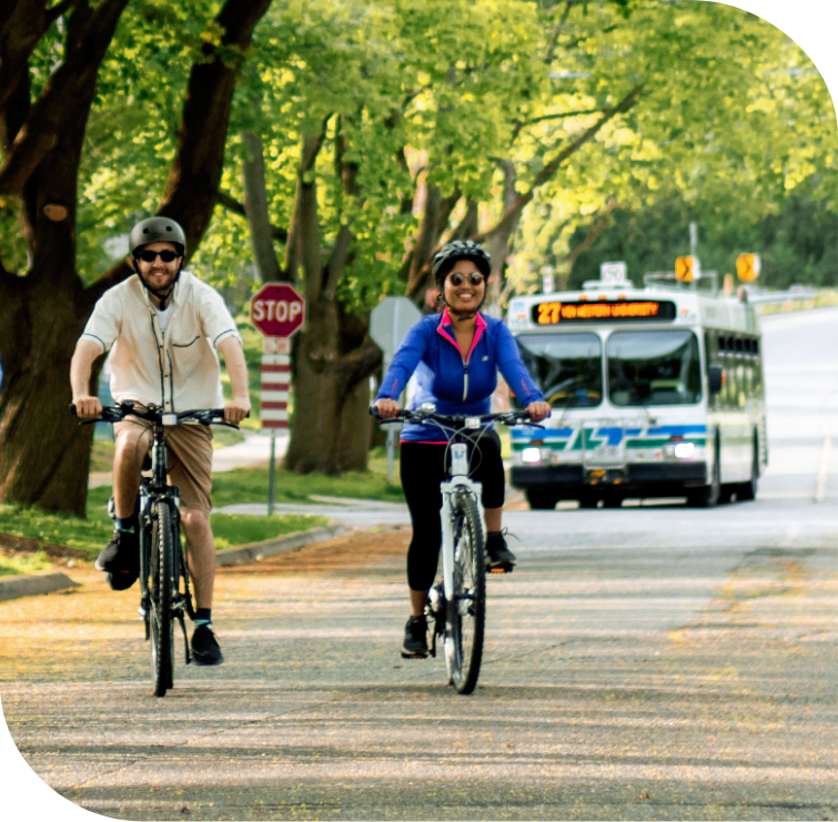 Two people biking down William Street with a London Transit Commission bus behind them in London Ontario Canada