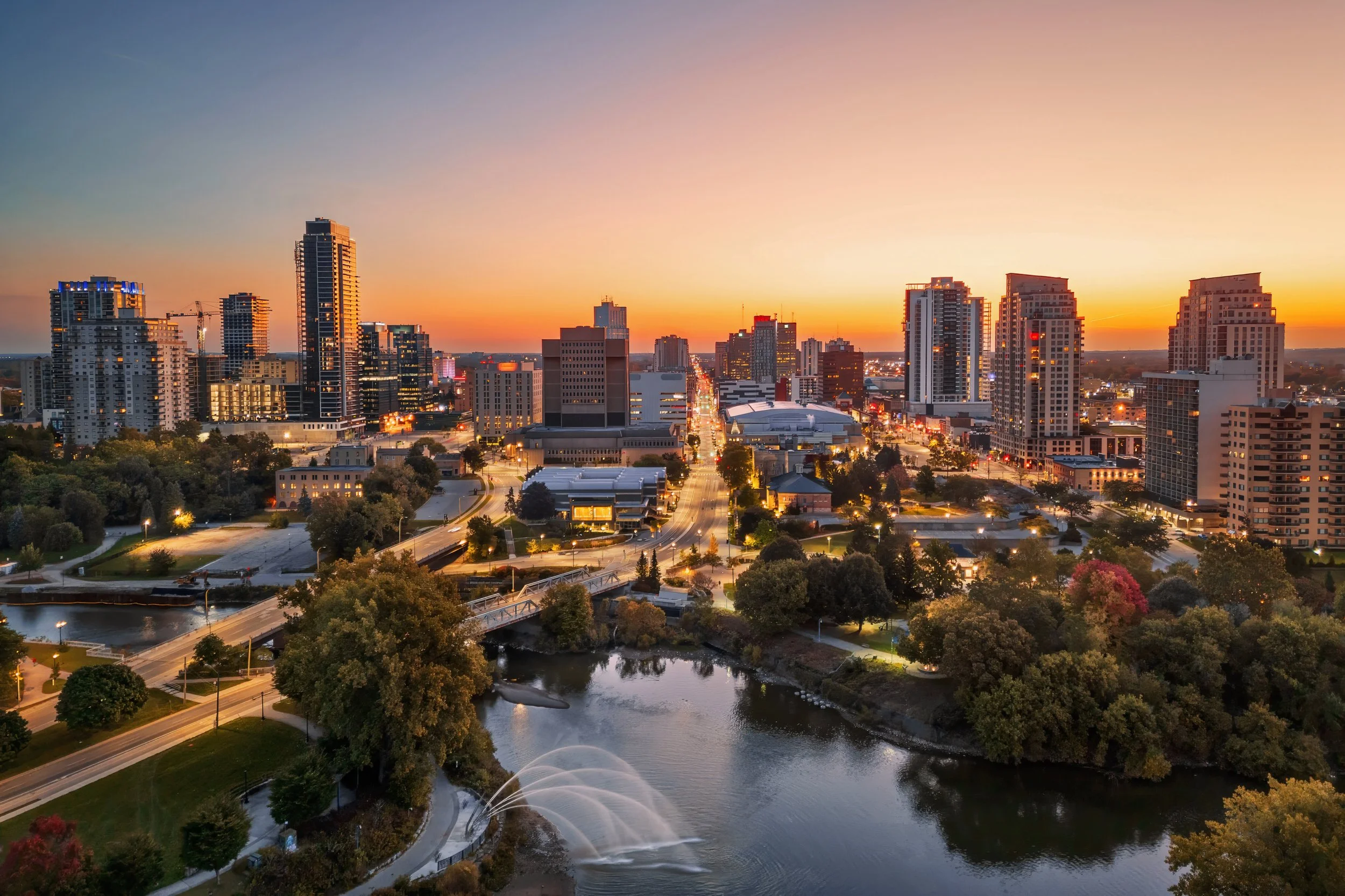 Drone photo of the Forks of the Thames River, aka Antler River, facing downtown London Ontario Canada