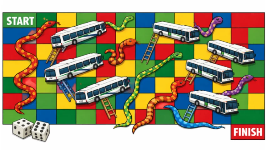 a visual play on the original snakes-and-ladders board game, where there are snakes, buses, and ladders between the start and finish of the game